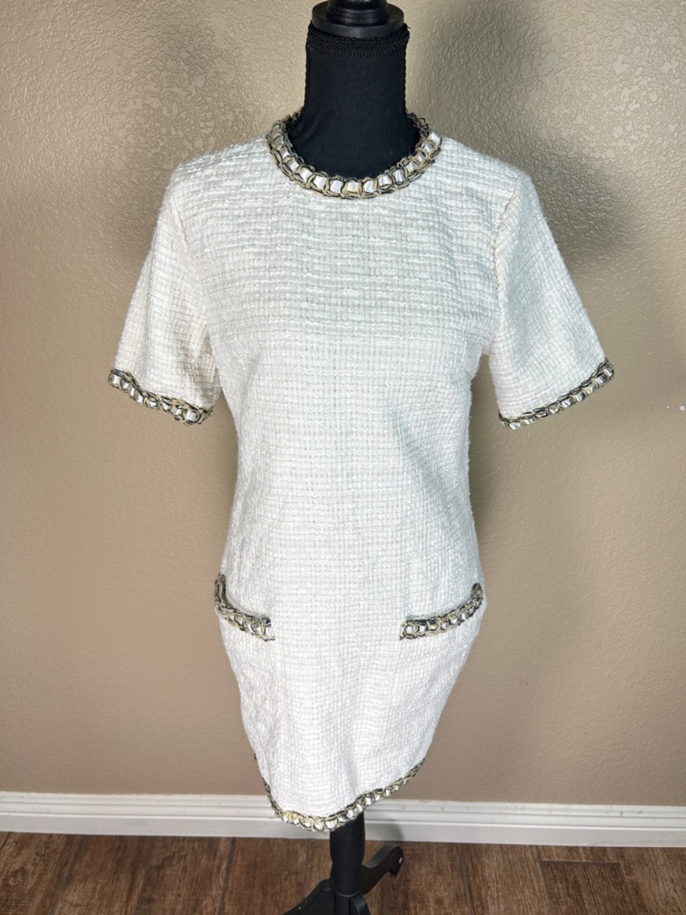 Floerns Tweed Dress with Pockets Knee Length Short Sleeves Size Small